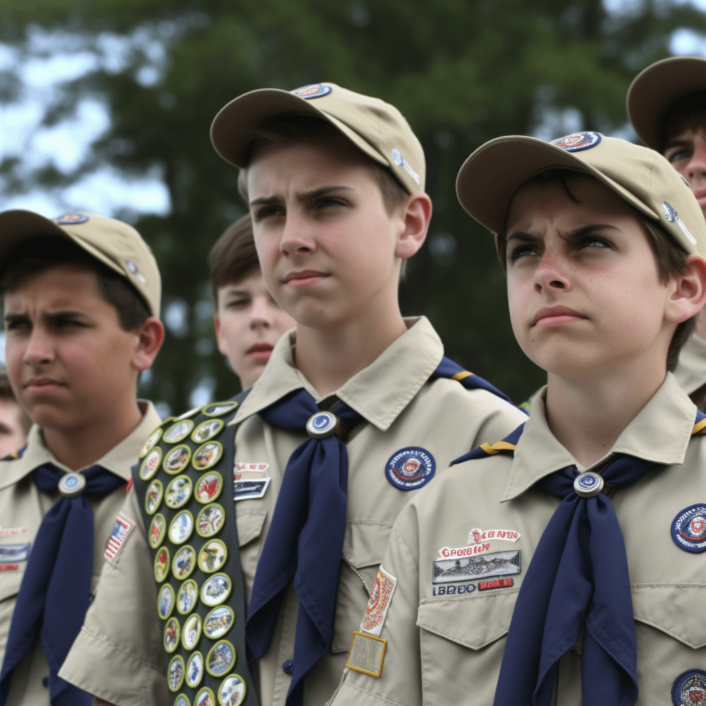 Boy Scouts in a line looking troubled