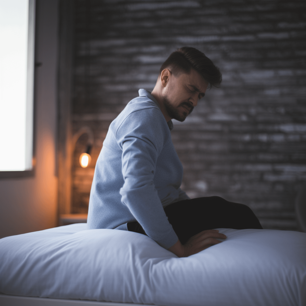 Man sitting on bed with back pain